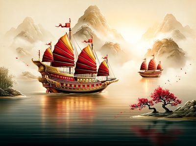 Red Sailboats on Misty River Print. poster print