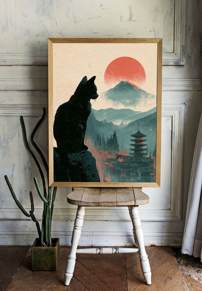 Cat and Mount Fuji Illustration Poster. — room view 1
