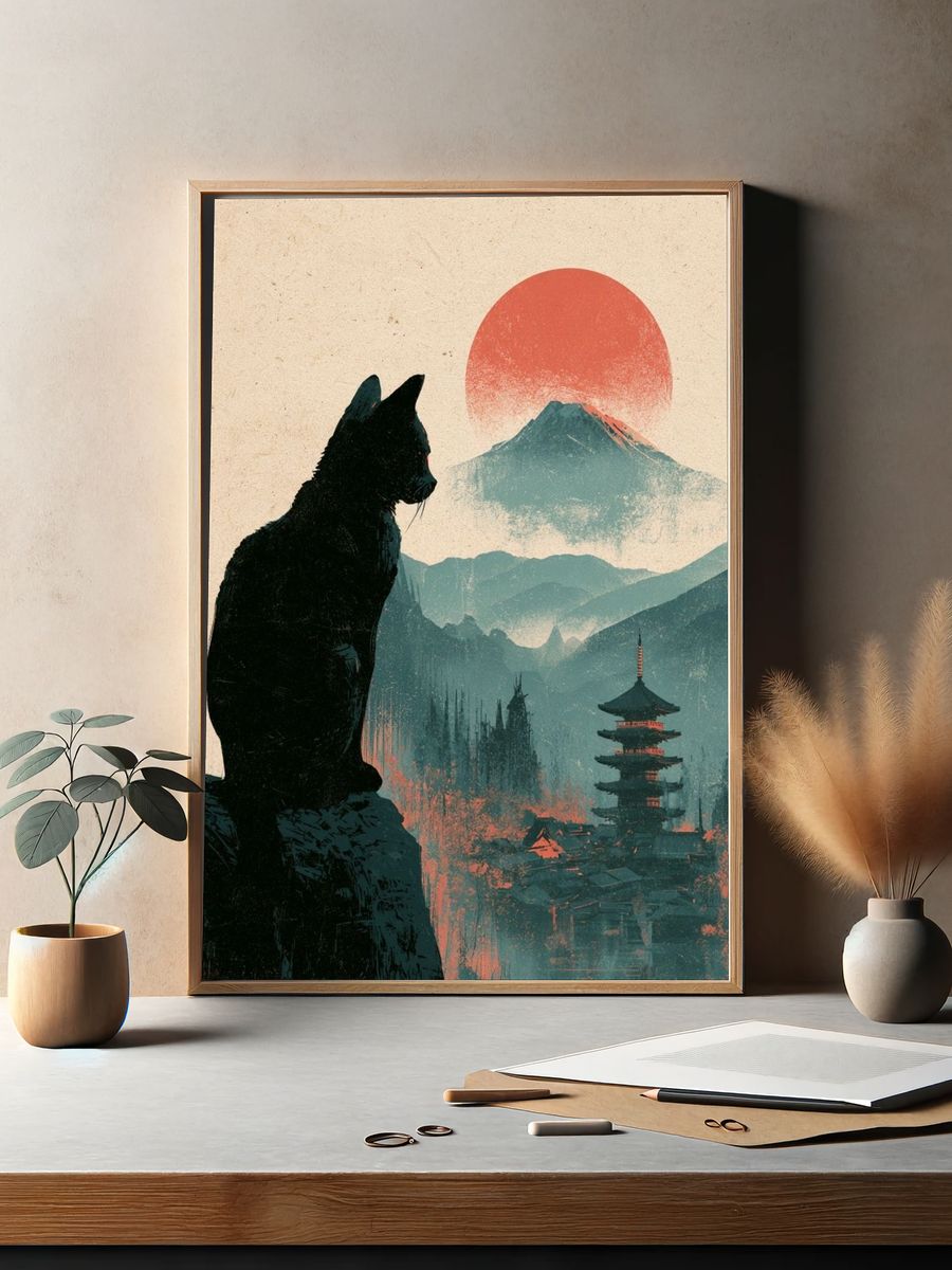 Cat and Mount Fuji Illustration Poster. — room view 2
