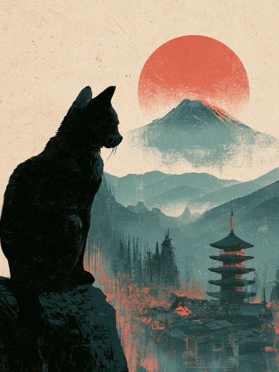 Cat and Mount Fuji Illustration Poster.