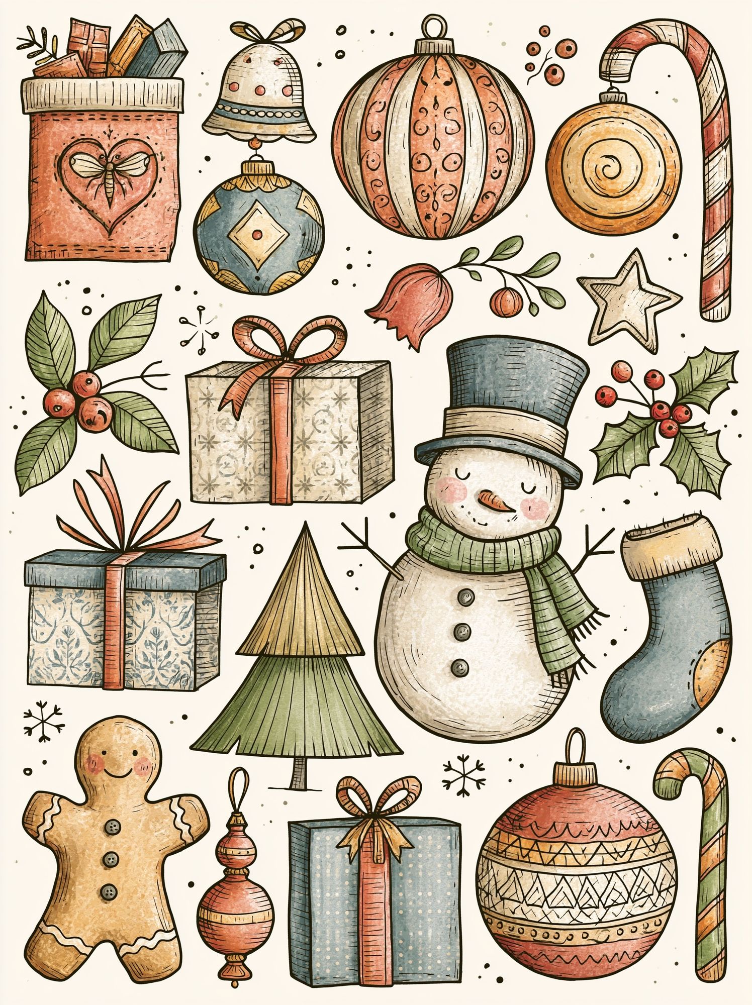 Whimsical Christmas Ornaments Illustration Poster. poster detail
