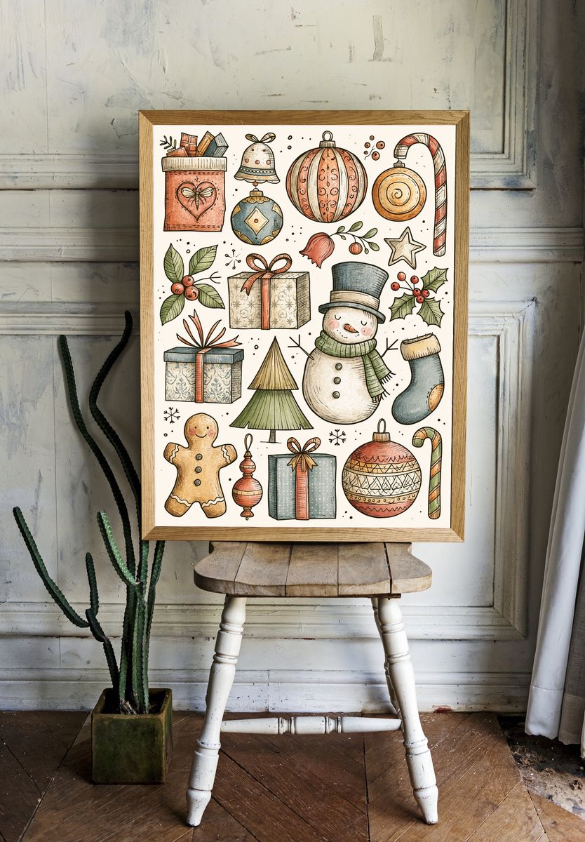 Whimsical Christmas Ornaments Illustration Poster. — room view 1