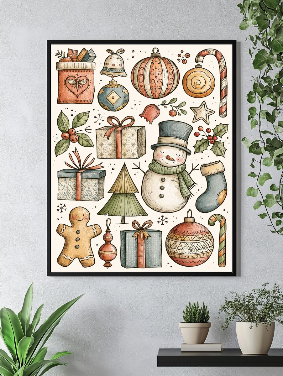 Whimsical Christmas Ornaments Illustration Poster. — room view 4