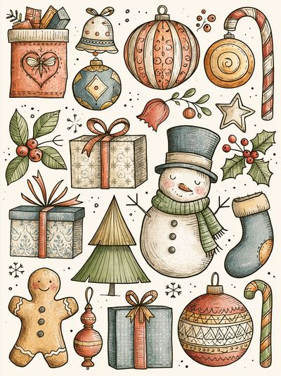 Whimsical Christmas Ornaments Illustration Poster.