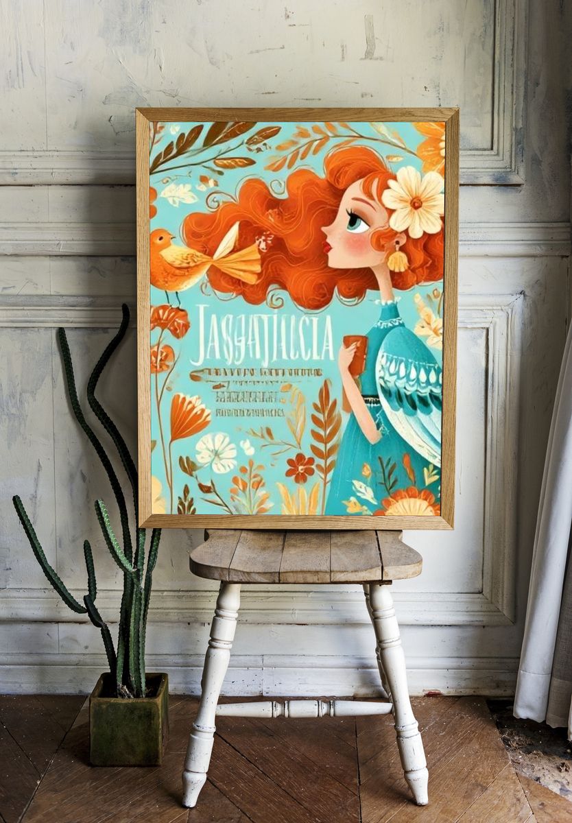 Jasminia Floral Girl Illustration Poster. room preview