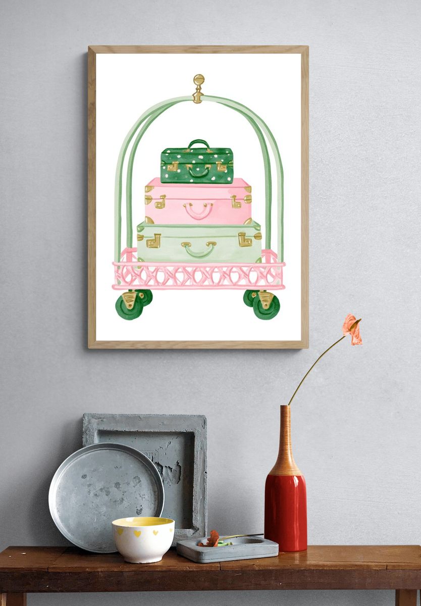Pastel Luggage Cart Illustration Print. — room view 3