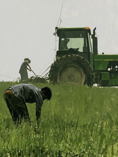 Farm Workers in Field Illustration Poster.