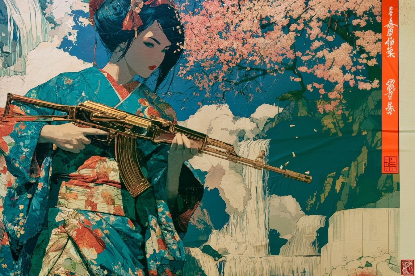 Geisha with Rifle Illustration Poster. poster — illustration art