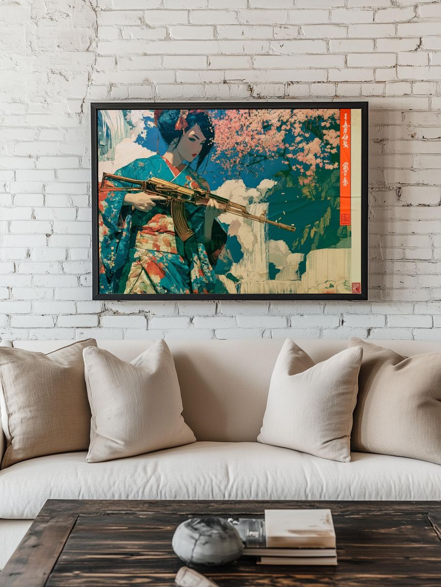 Geisha with Rifle Illustration Poster. — room view 1