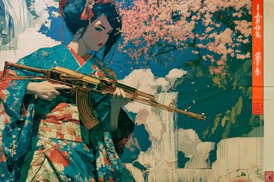 Geisha with Rifle Illustration Poster.