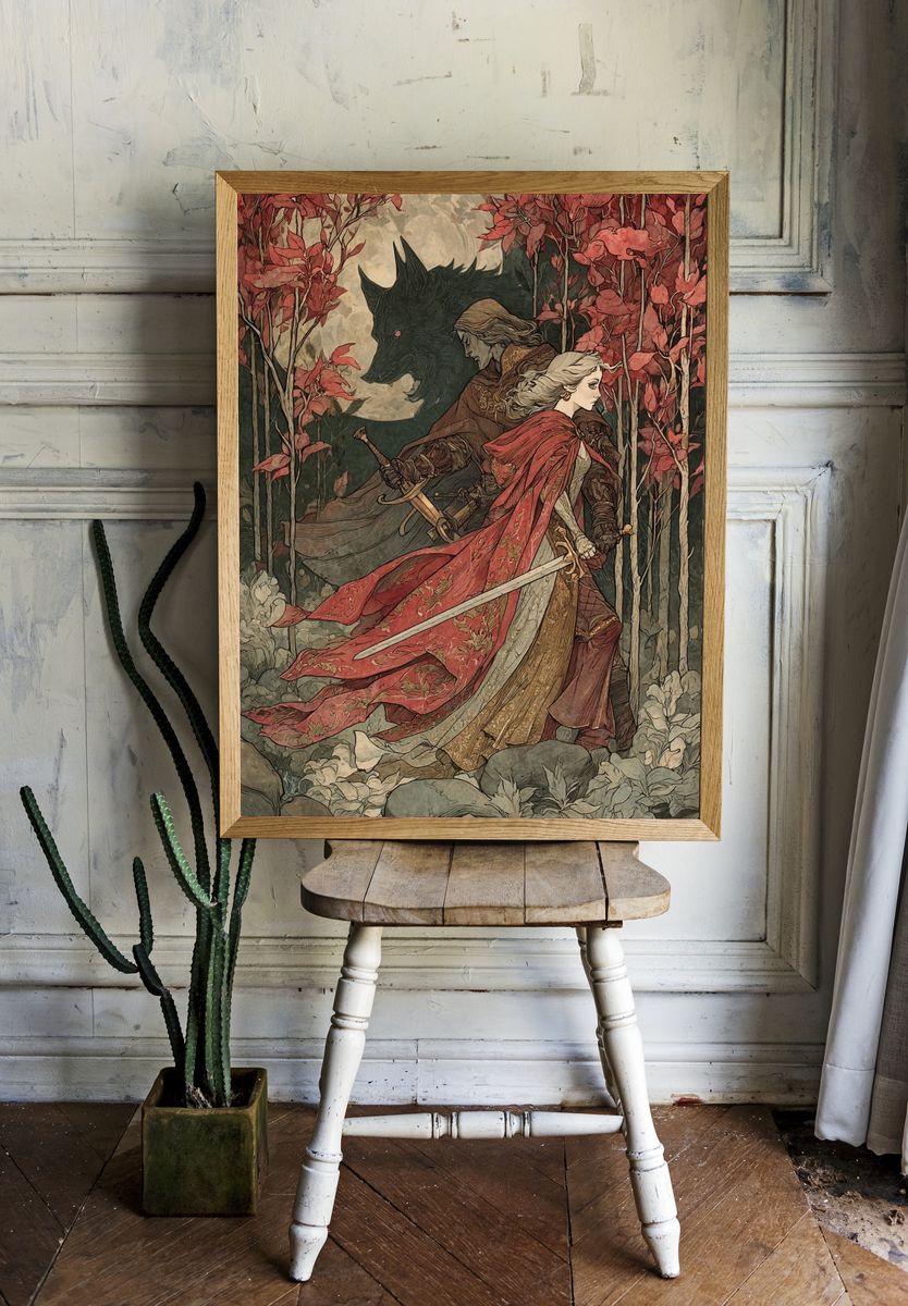 Fantasy Warrior and Wolf — Illustration Print. room preview