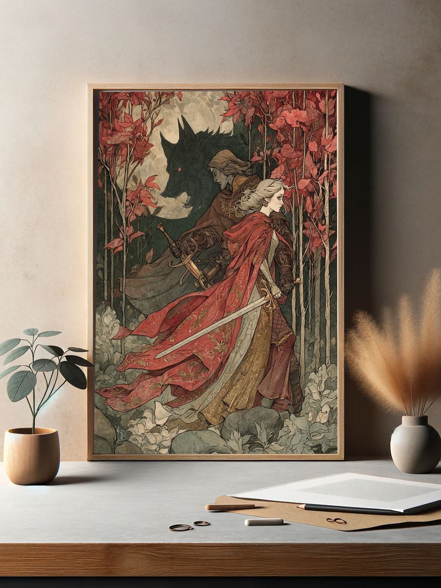 Fantasy Warrior and Wolf — Illustration Print. — room view 2