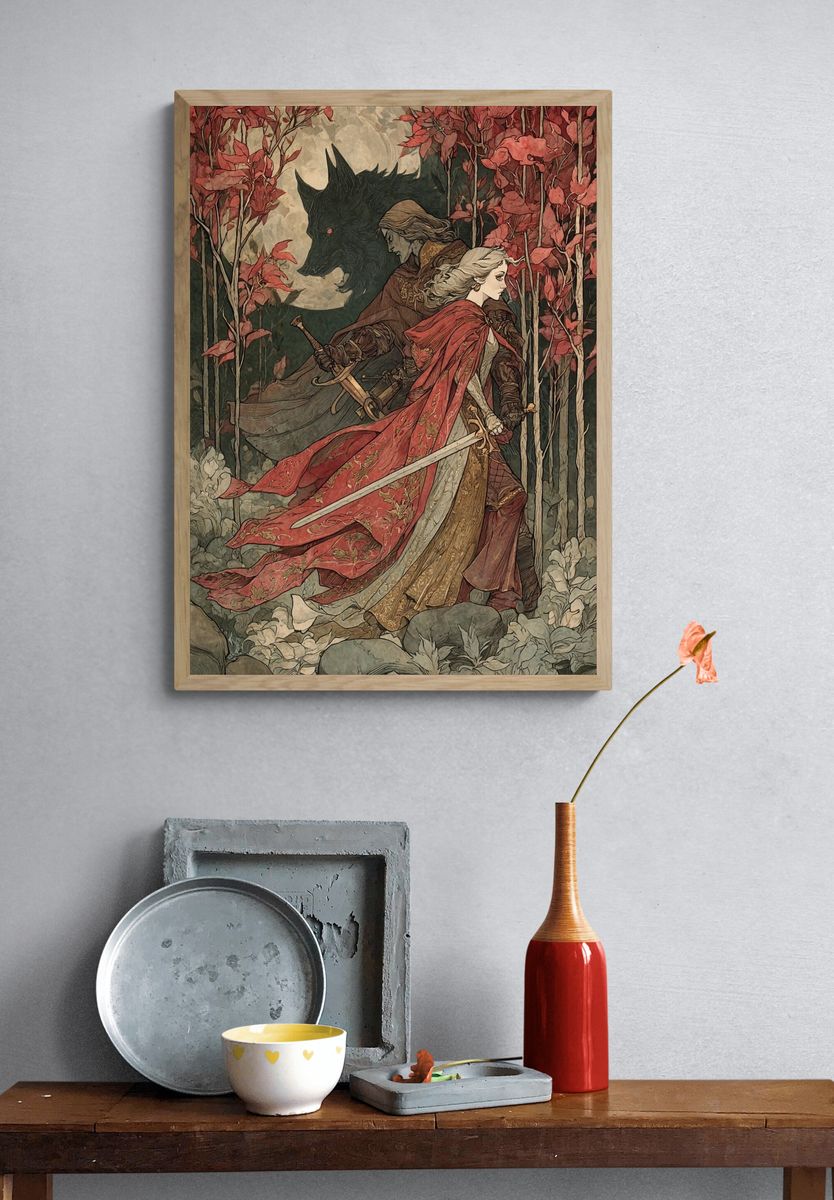 Fantasy Warrior and Wolf — Illustration Print. — room view 3