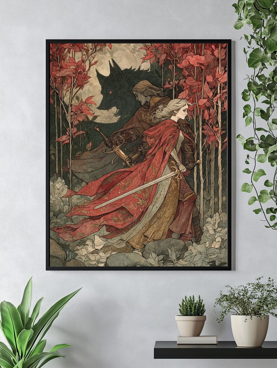 Fantasy Warrior and Wolf — Illustration Print. — room view 4