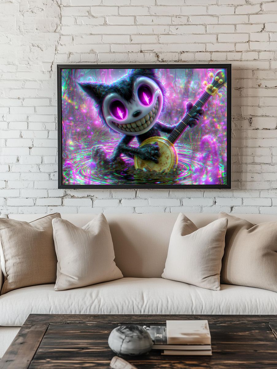 Neon Cat Banjo Illustration Poster. — room view 1