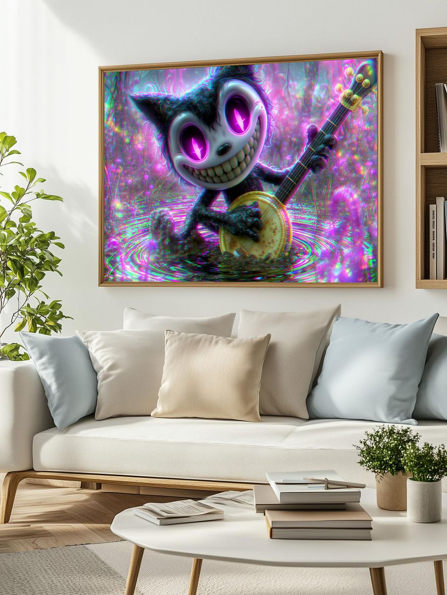 Neon Cat Banjo Illustration Poster. — room view 2
