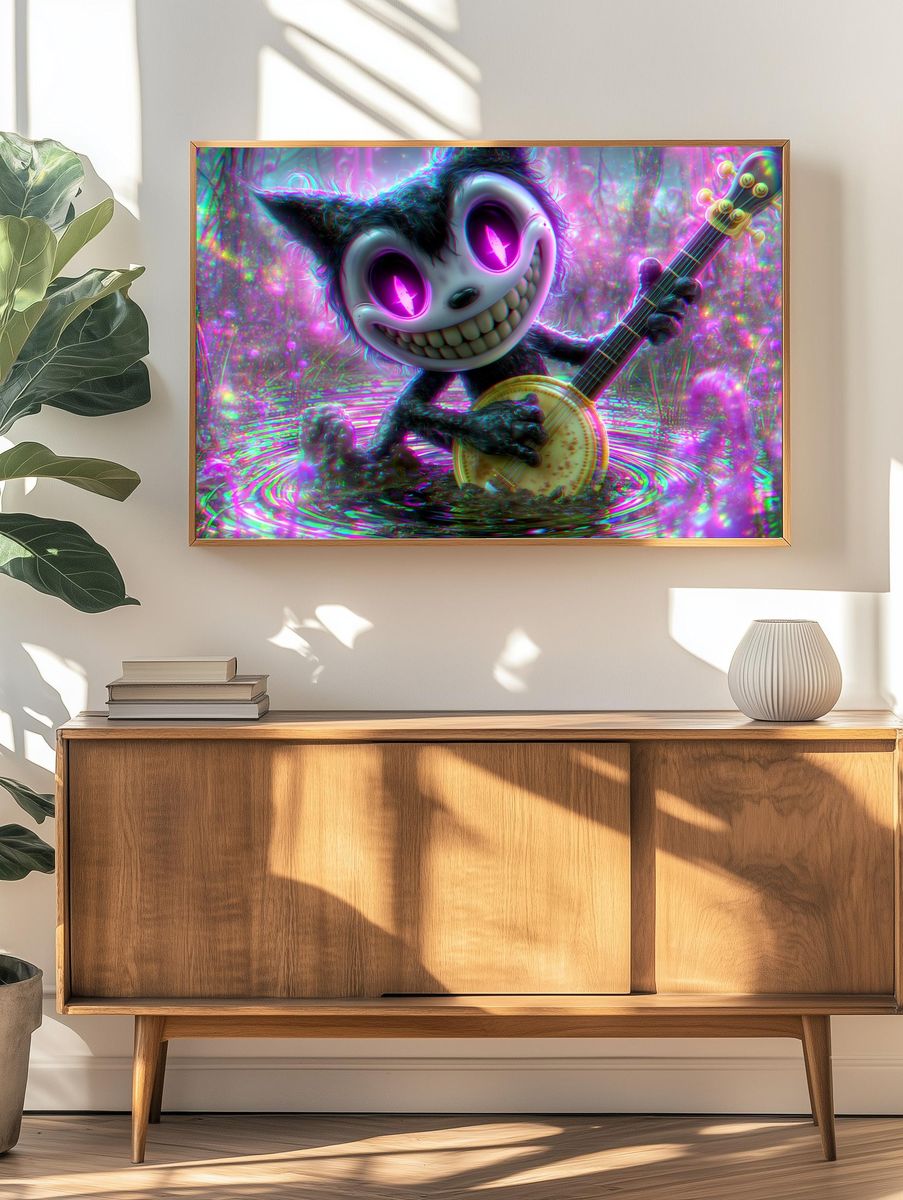 Neon Cat Banjo Illustration Poster. — room view 3