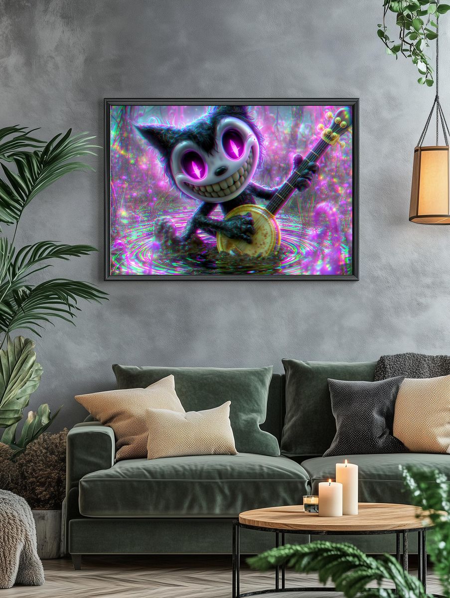 Neon Cat Banjo Illustration Poster. — room view 4