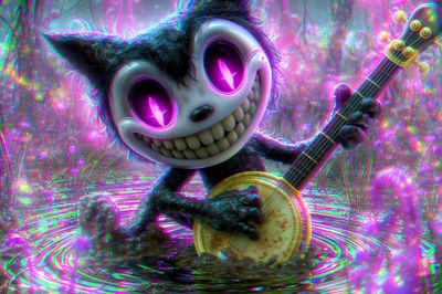 Neon Cat Banjo Illustration Poster.