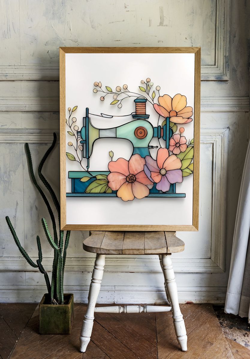 Sewing Machine Floral Stained Glass Poster. — room view 1