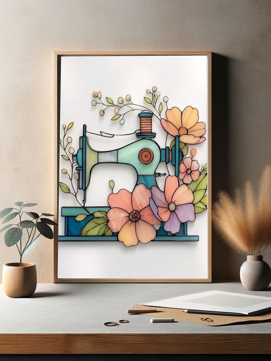 Sewing Machine Floral Stained Glass Poster. — room view 2