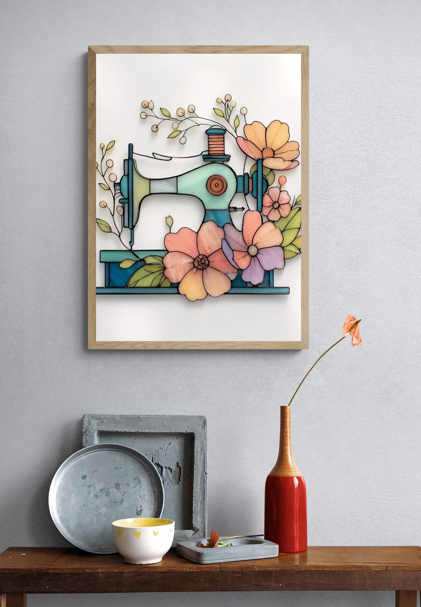Sewing Machine Floral Stained Glass Poster. — room view 3