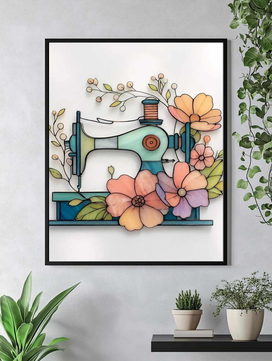 Sewing Machine Floral Stained Glass Poster. — room view 4
