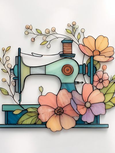 Sewing Machine Floral Stained Glass Poster.