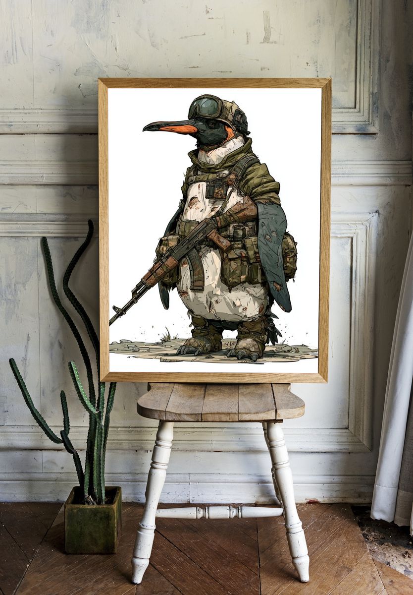 Armed Penguin Illustration Poster. — room view 1