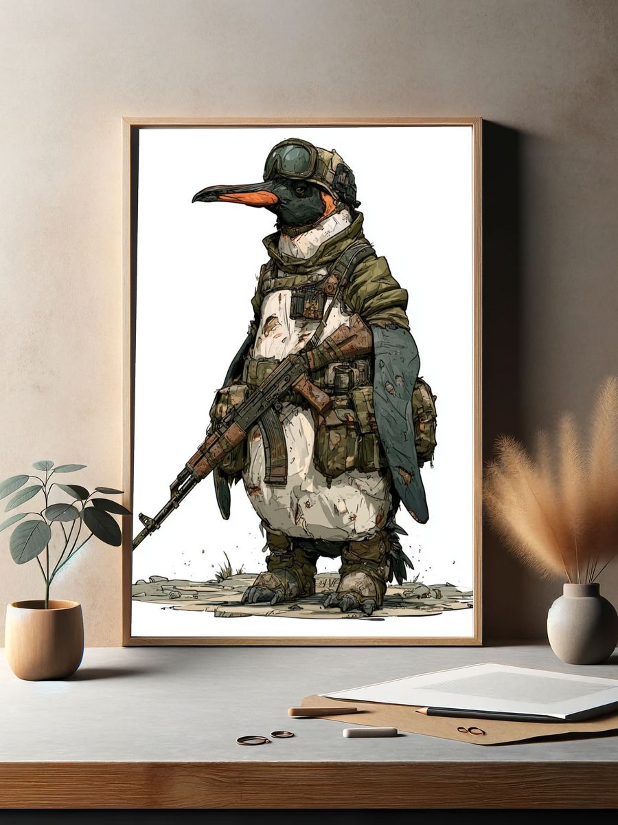 Armed Penguin Illustration Poster. — room view 2