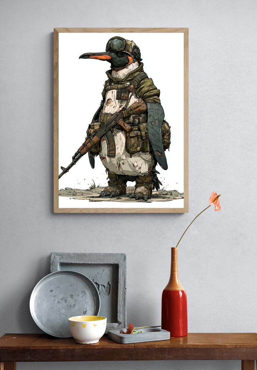 Armed Penguin Illustration Poster. — room view 3