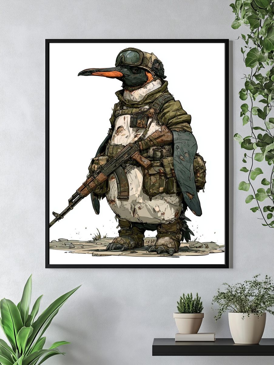 Armed Penguin Illustration Poster. — room view 4