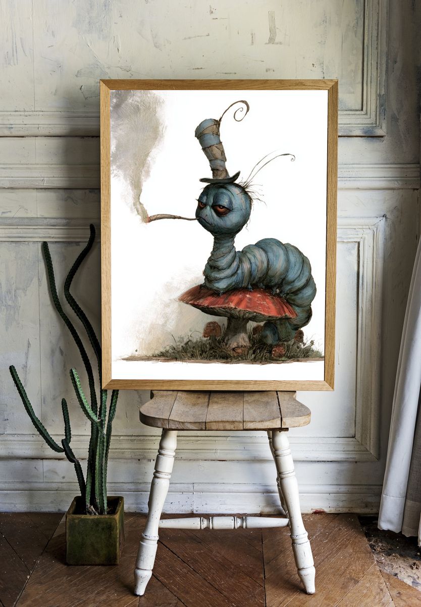 Surreal Caterpillar Mushroom Print. room preview