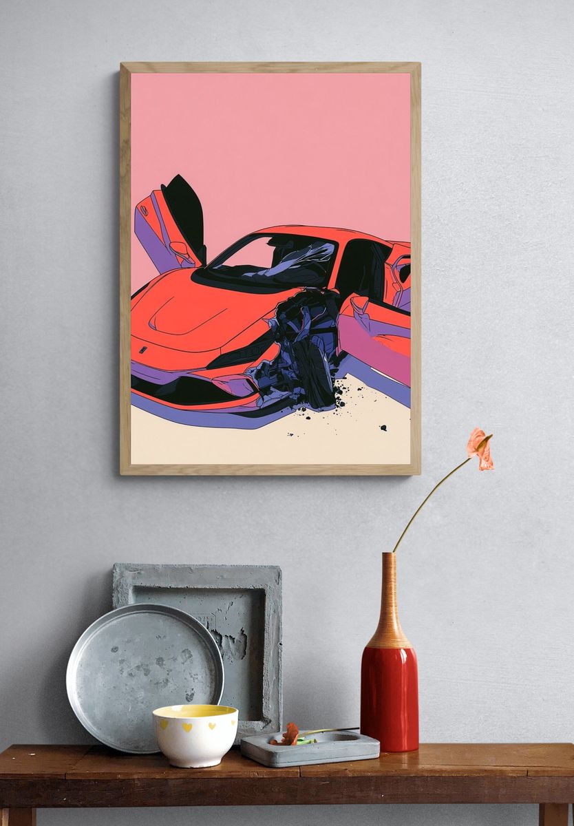 Crashed Supercar Digital Art Poster. — room view 3