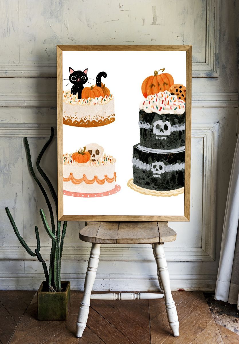 Halloween Cake Watercolor Print. room preview