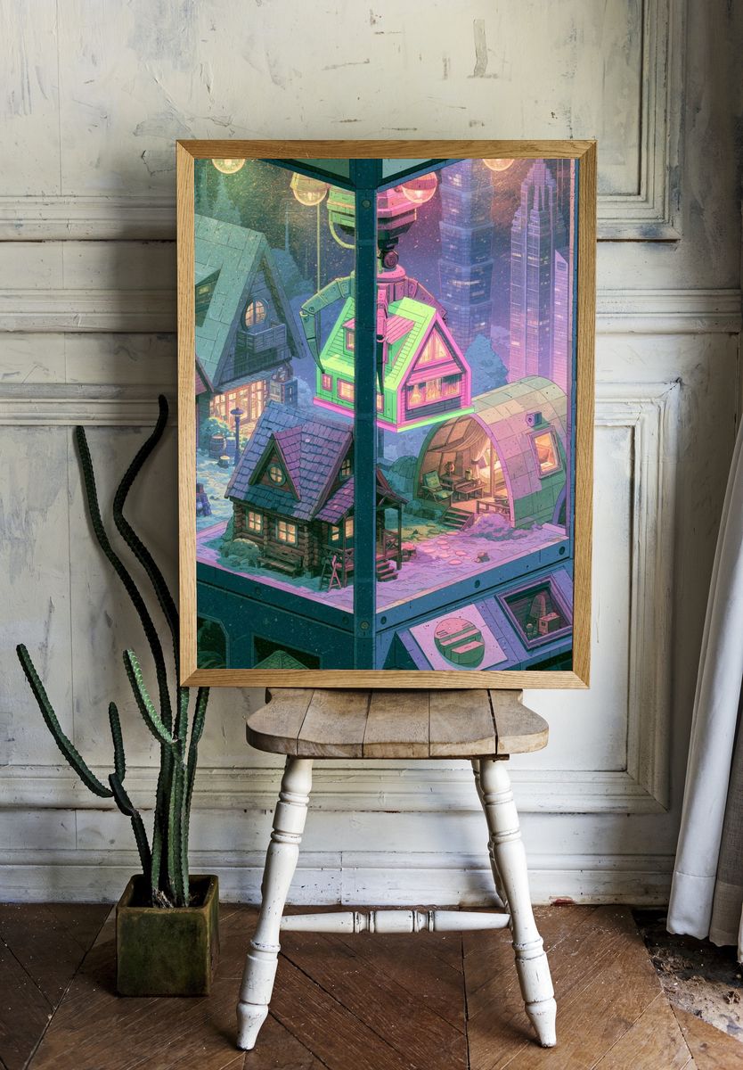 Neon Snow Village Illustration Poster. room preview