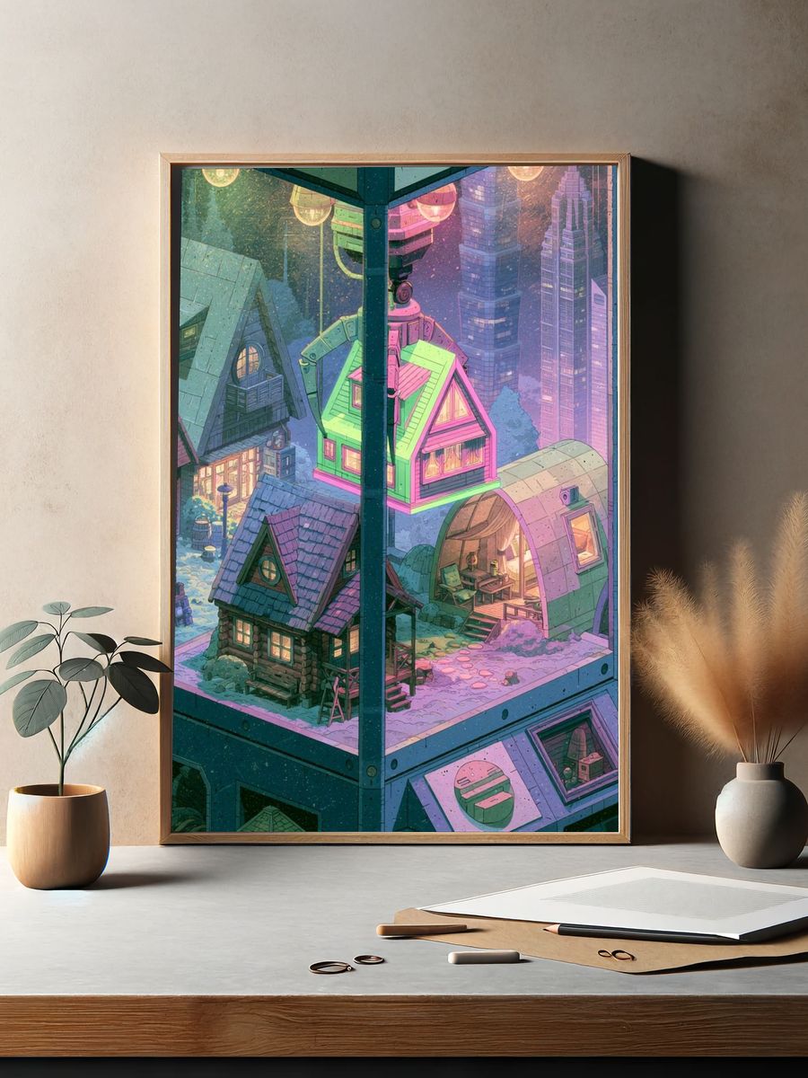 Neon Snow Village Illustration Poster. — room view 2