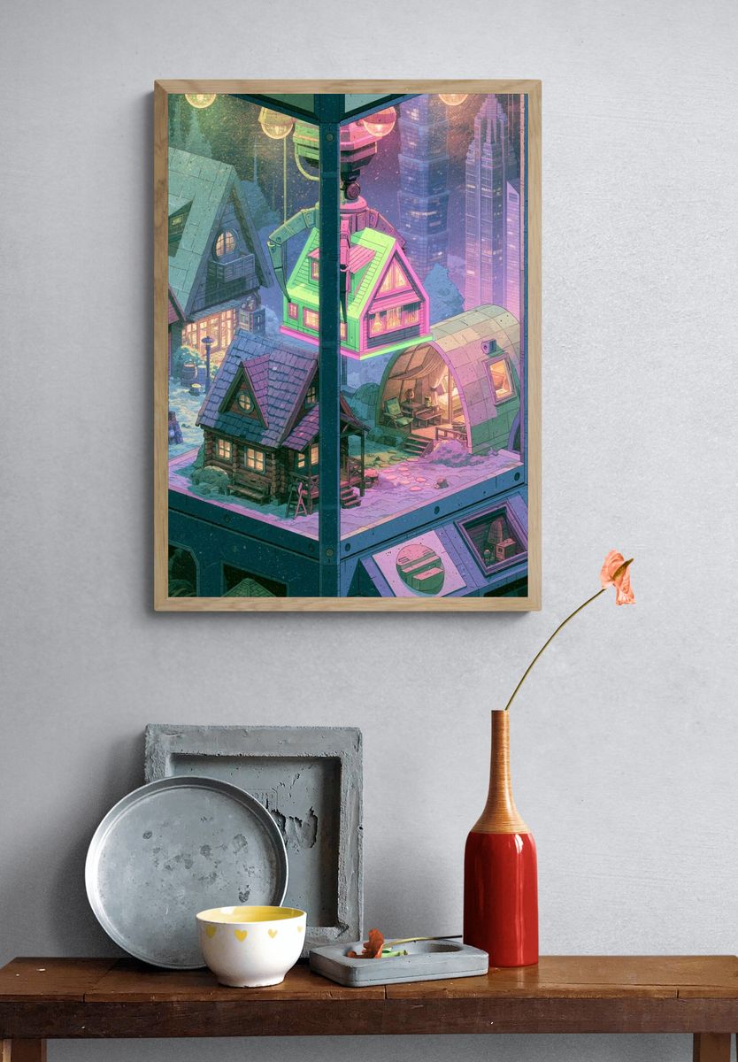 Neon Snow Village Illustration Poster. — room view 3
