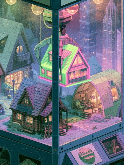 Neon Snow Village Illustration Poster.