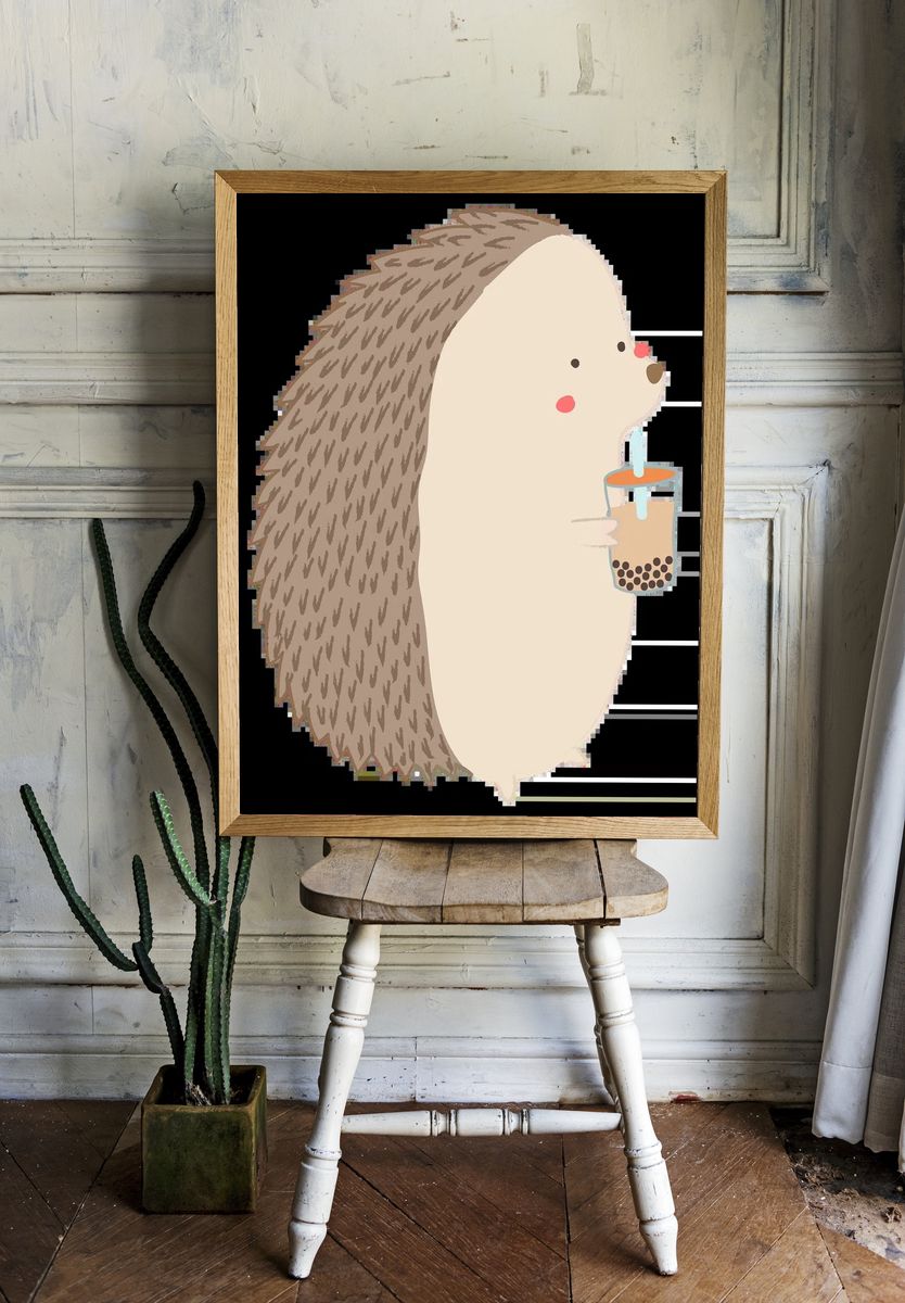 Cute porcupine drinking bubble tea. — room view 1