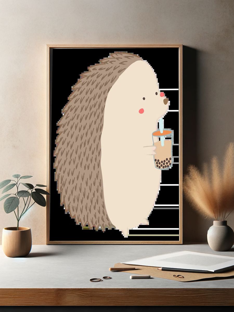 Cute porcupine drinking bubble tea. — room view 2