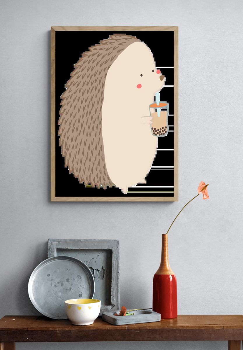 Cute porcupine drinking bubble tea. — room view 3