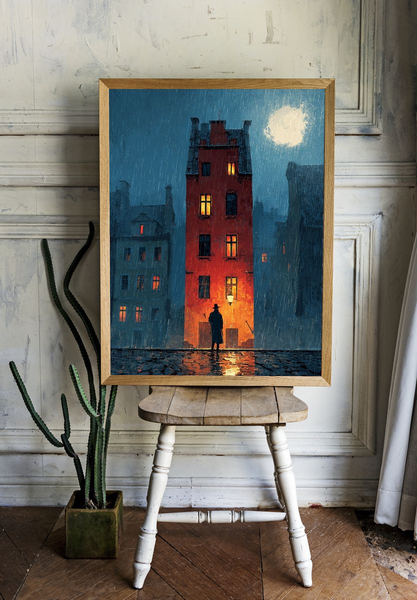 Rainy City Night Illustration Poster. — room view 1