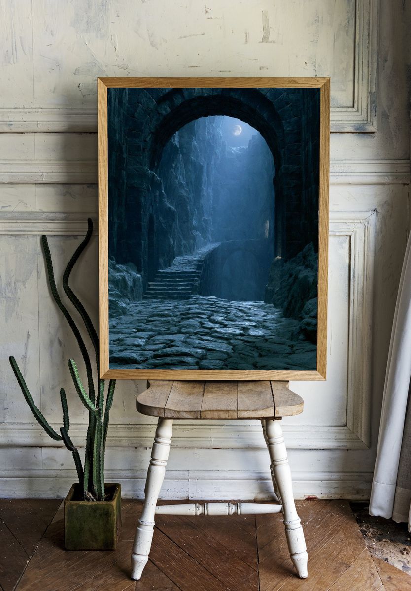 Moonlit Stone Passage Fantasy Print. room preview