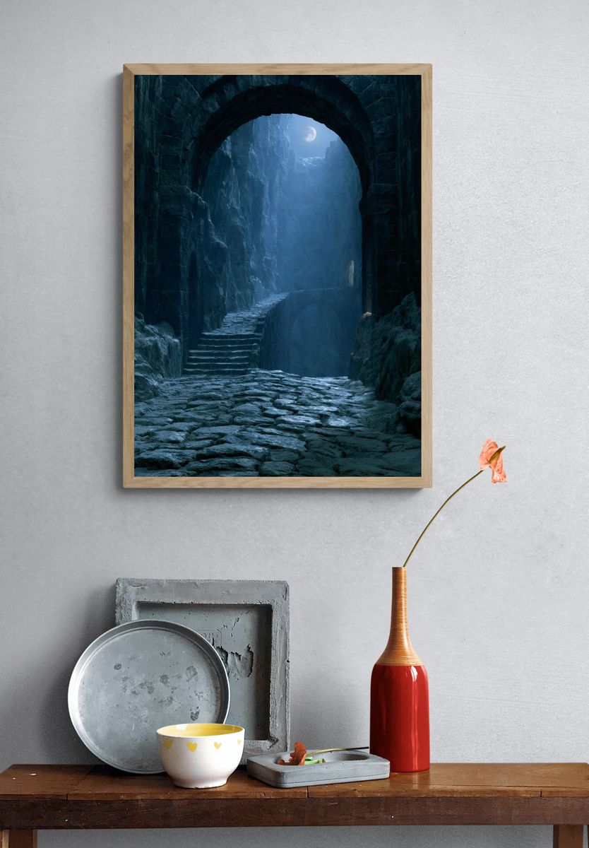 Moonlit Stone Passage Fantasy Print. — room view 3