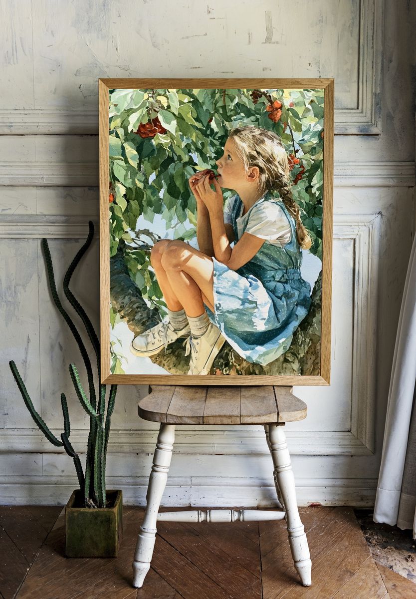 Cherry Tree Girl Watercolor Print. room preview