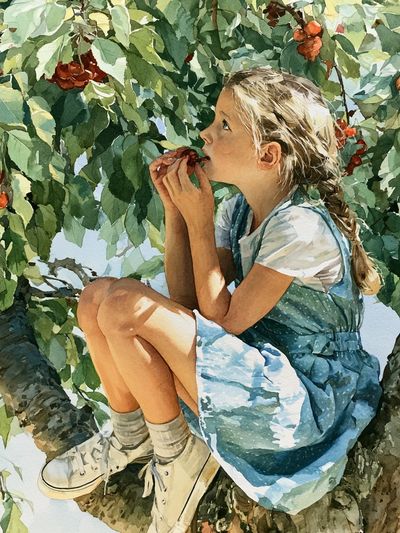 Cherry Tree Girl Watercolor Print. poster