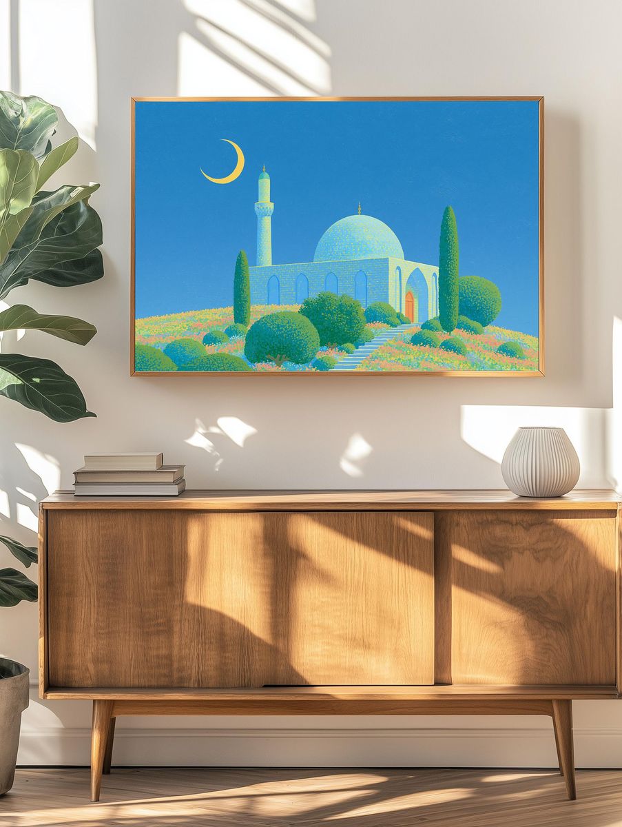 Moonlit Mosque Garden Illustration Poster. — room view 3
