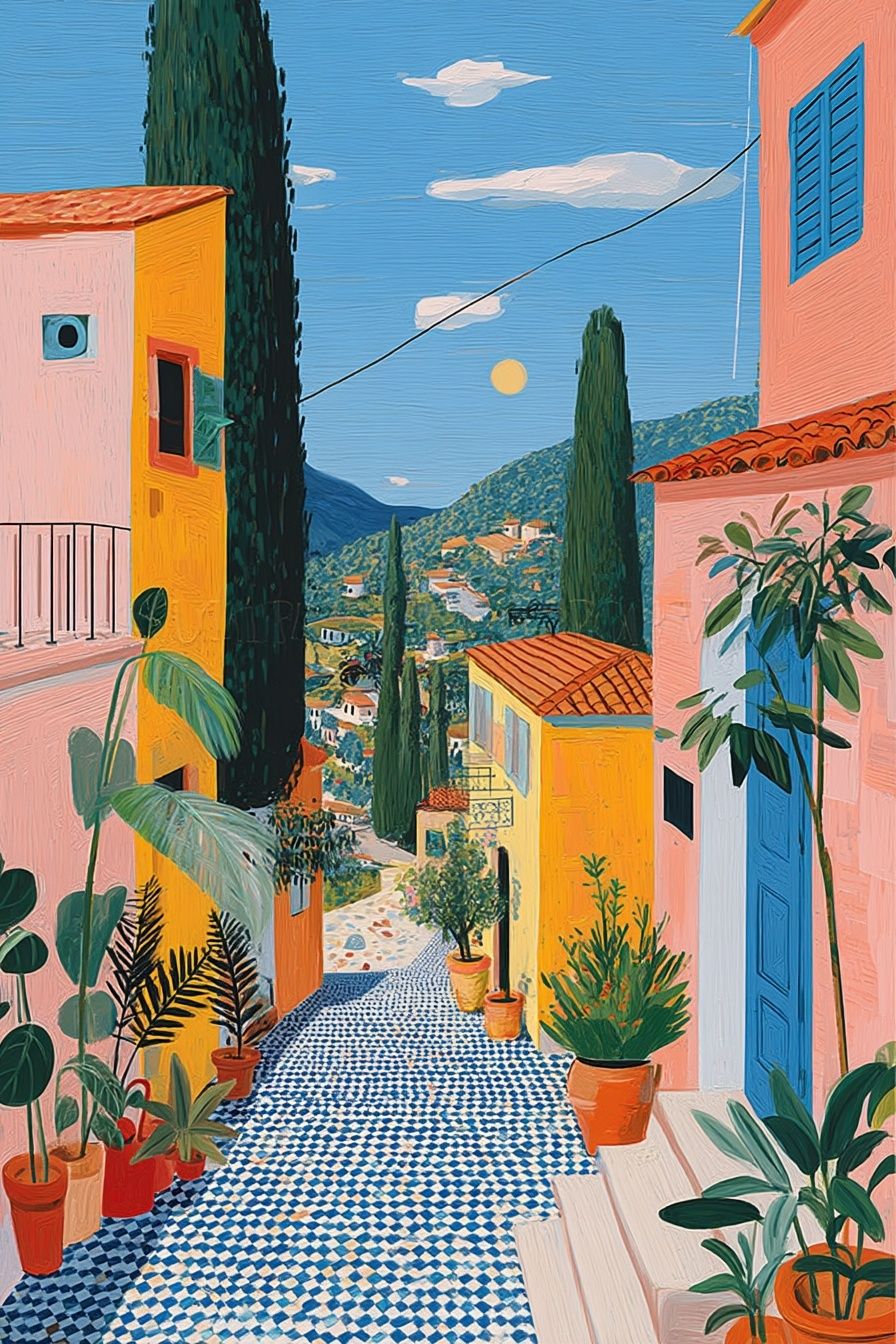 Mediterranean Village Street Illustration Poster. poster — illustration art