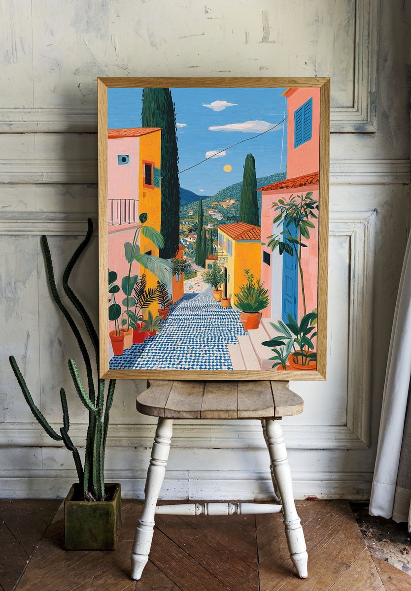 Mediterranean Village Street Illustration Poster. — room view 1
